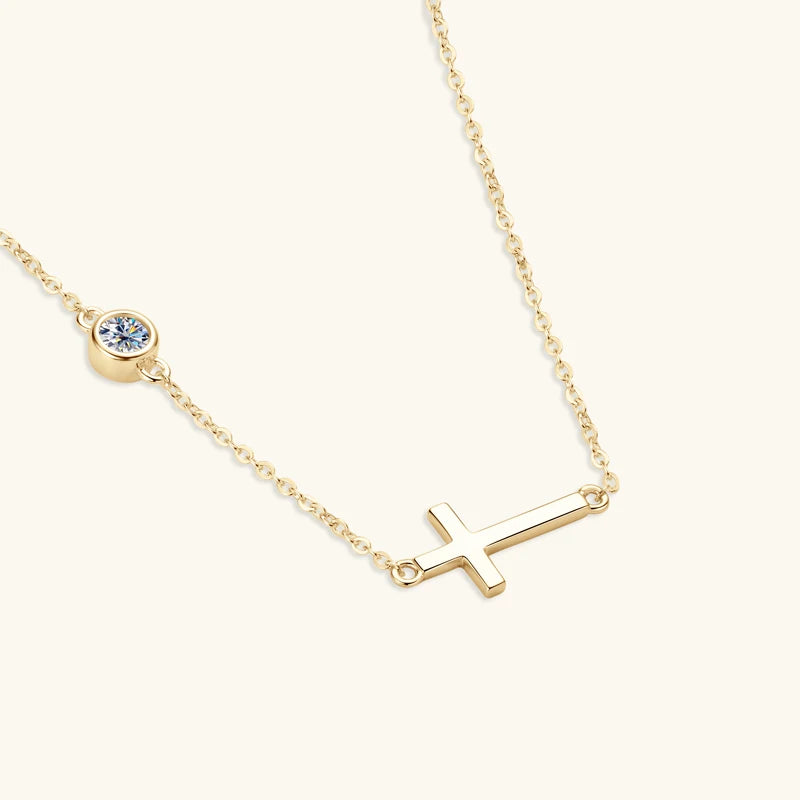 2024 New 925 Silver Cross Pendant Necklace for Women Delicate Sideway Moissanite 4mm Charm Necklace Jewelry Valentine Day Gift