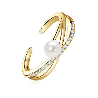 925 Sterling Silver Cross Ring 4-4.5mm Natural Freshwater Pearl Rings for Women Fashion adjustable Open Finger Band Jewel