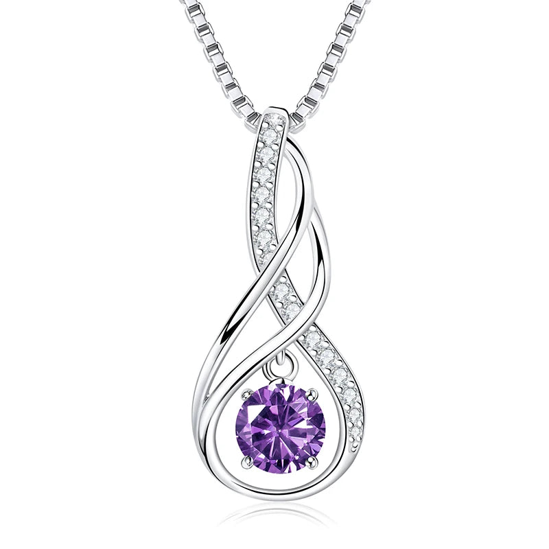 12 Birthstone Infinity Pendant Necklace for Women 925 Silver Colorful Gemstone 6.5mm Moissanite Zirconia Jewelry Birthday Gift