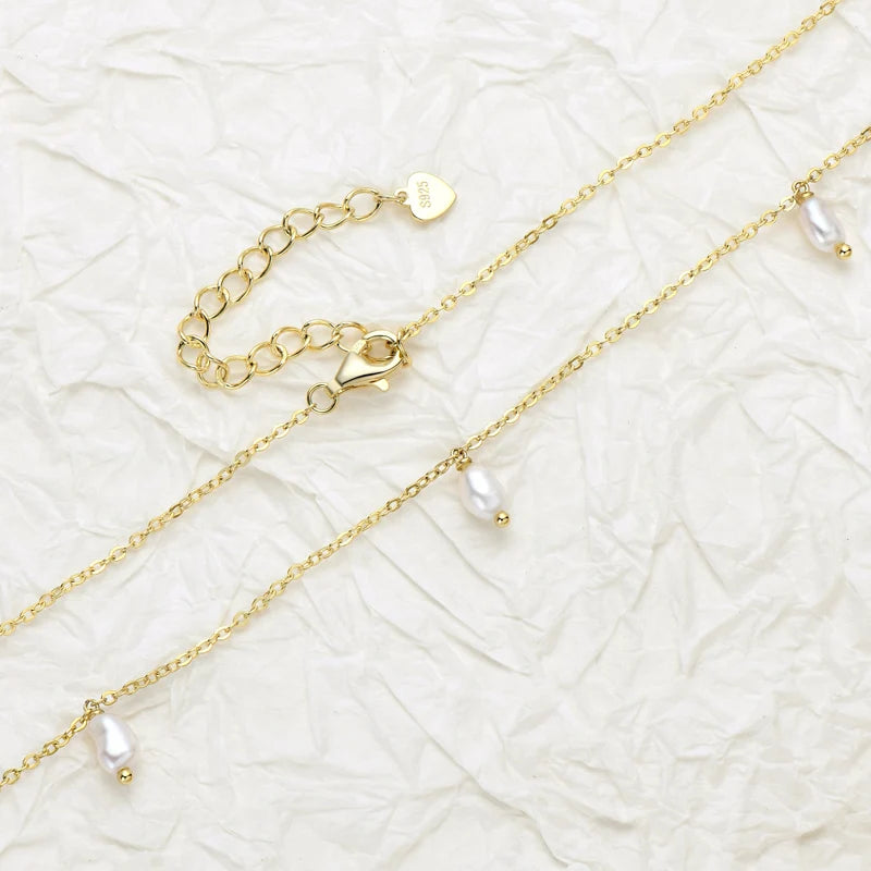 Luxury Natural Freshwater Baroque Pearl Chain Necklace 925 Sterling Silver 14K Gold Plated 3-4mm Bead Sweet Women Jewelry Gifts