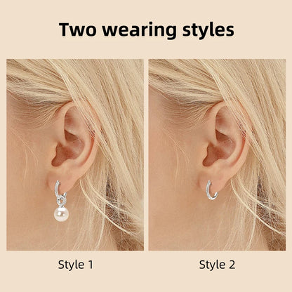 Real 925 Sterling Silver Hoop Earrings 9-10mm White Shell Pearl Drop Earring Detachable Wedding Party Jewelry for Women