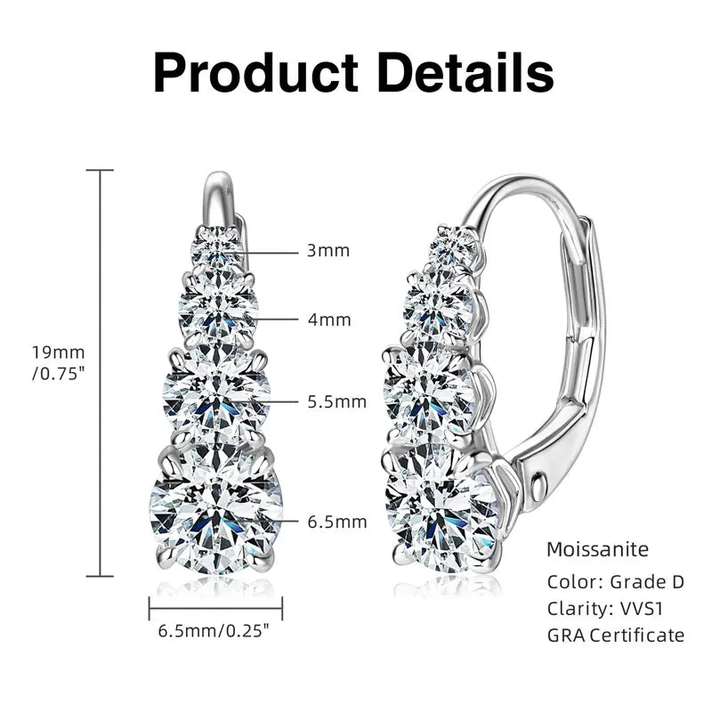 100% 925 Silver Moissanite Hoop Clip Earrings Luxury 4 Stones D VVS1 Round Lab Diamond Jewelry Gift for Women Upgrade Type