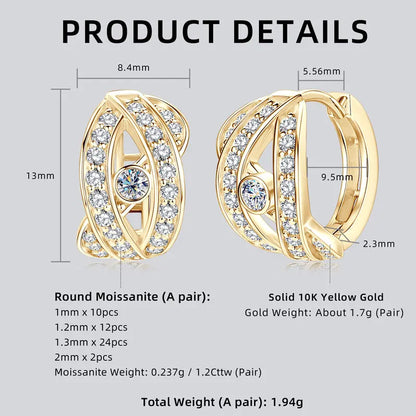 Real Gold 10K Moissanite Clip Earrings Luxury Eye in the Sky Design Earrings Small Hoops Huggie for Women Jewelry GRA Certified