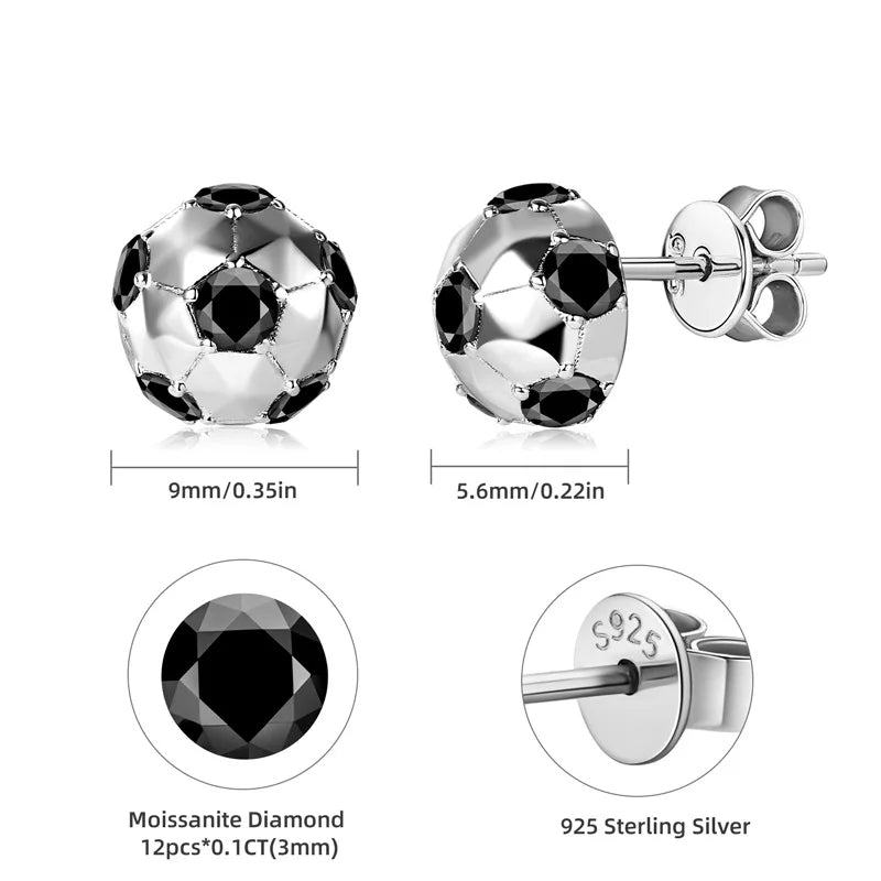 100% 925 Sterling Silver Soccer Stud Earrings 1.2CTTW 3mm Round Black Moissanite Piercing Earring for Women Men 2024 Trend