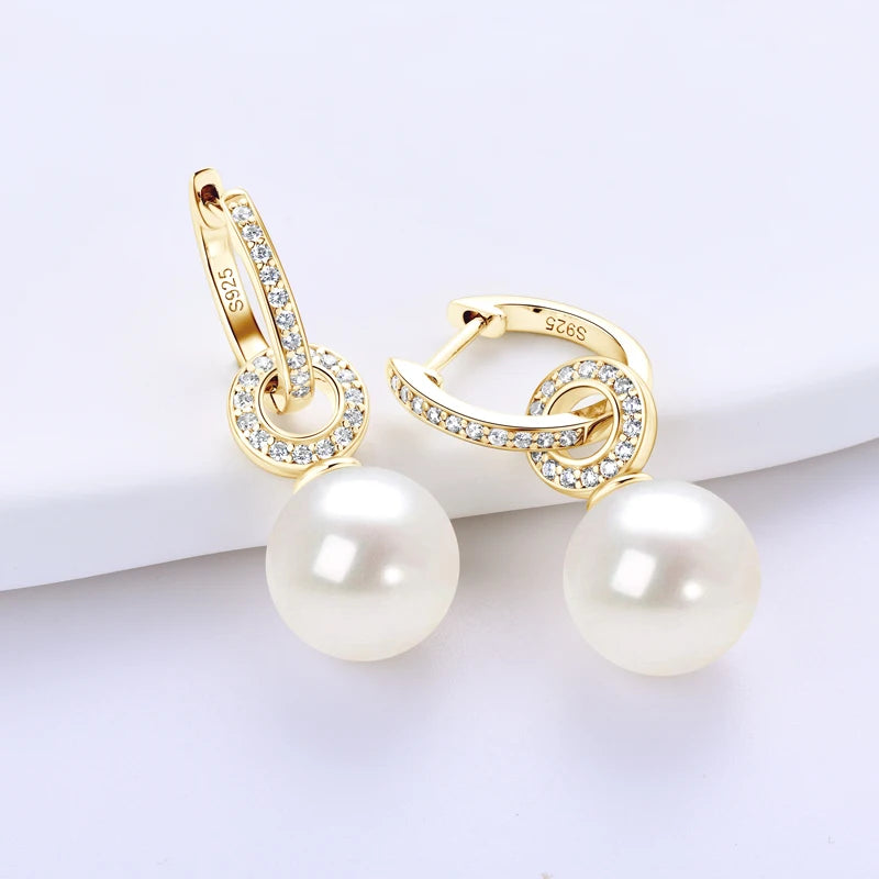 Real 925 Sterling Silver Hoop Earrings 9-10mm White Shell Pearl Drop Earring Detachable Wedding Party Jewelry for Women
