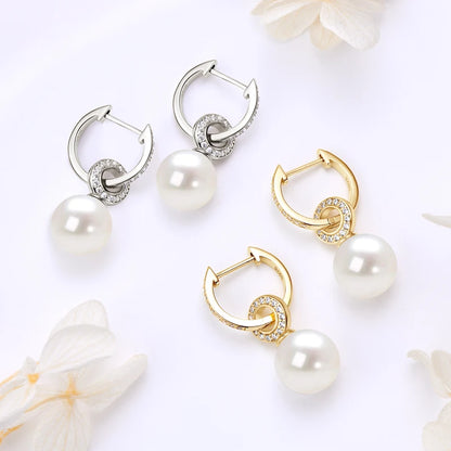Real 925 Sterling Silver Hoop Earrings 9-10mm White Shell Pearl Drop Earring Detachable Wedding Party Jewelry for Women