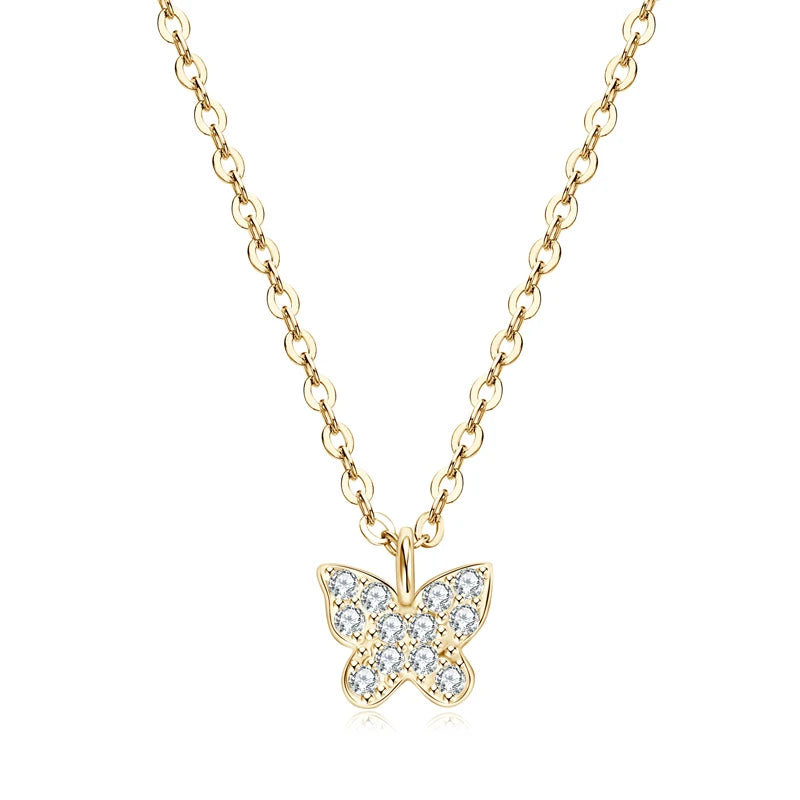 2024 Cute 925 Sterling Silver Butterfly Necklace Pave Round Moissanite Pendant Collar for Women Jewelry Wedding Anniversary Gift