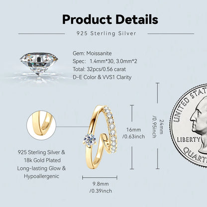 Real 3mm D Color Moissanite Earrings Cuff Double Half Hoop Studs 925 Silver for Women OL GRA Certified Jewelry Gift 2024 Fashion