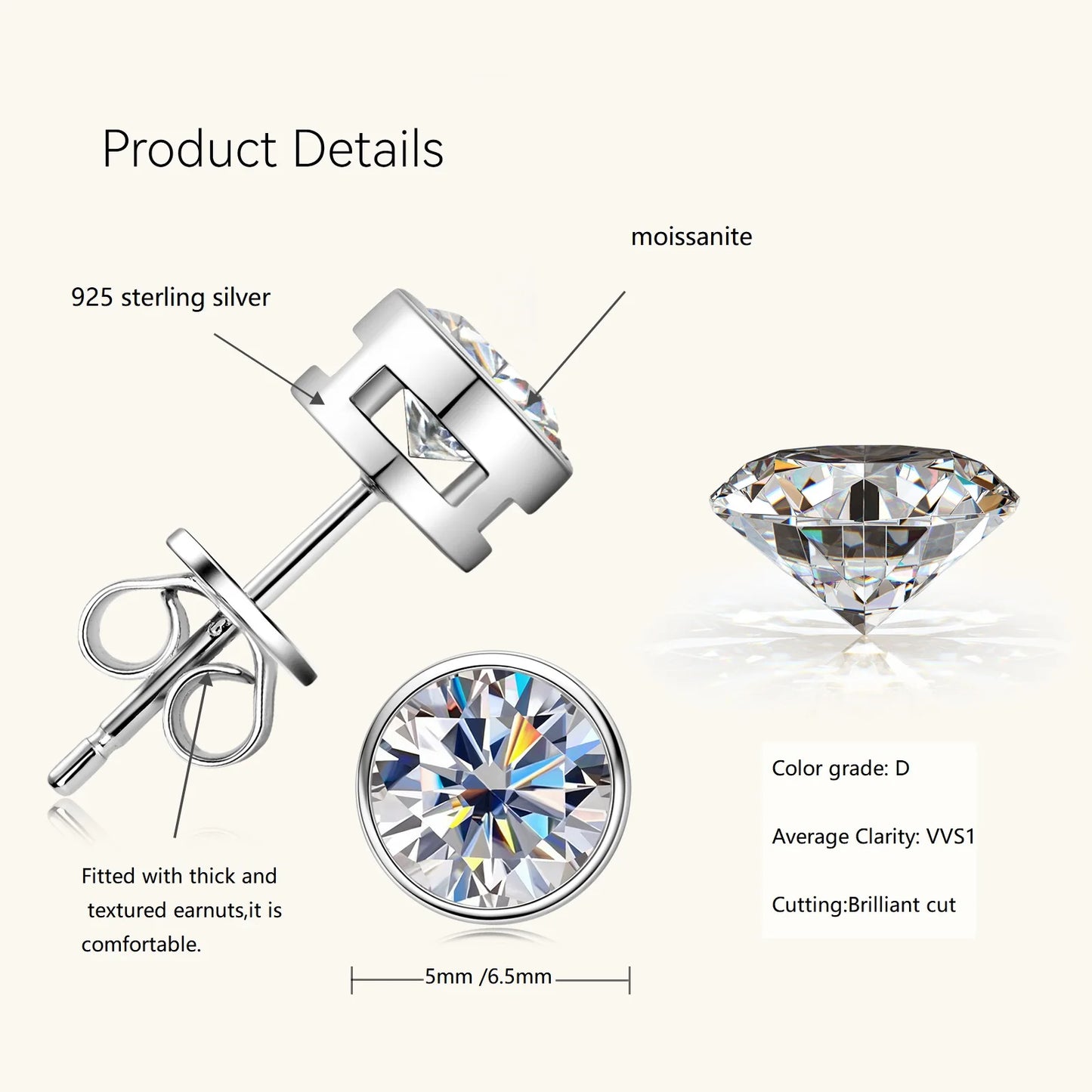 Silver 925 Moissanite Earrings Round Diamond Bezel Setting Stud Earrings Silver 5/6.5mm Women Men Solitiare Earring Gifts