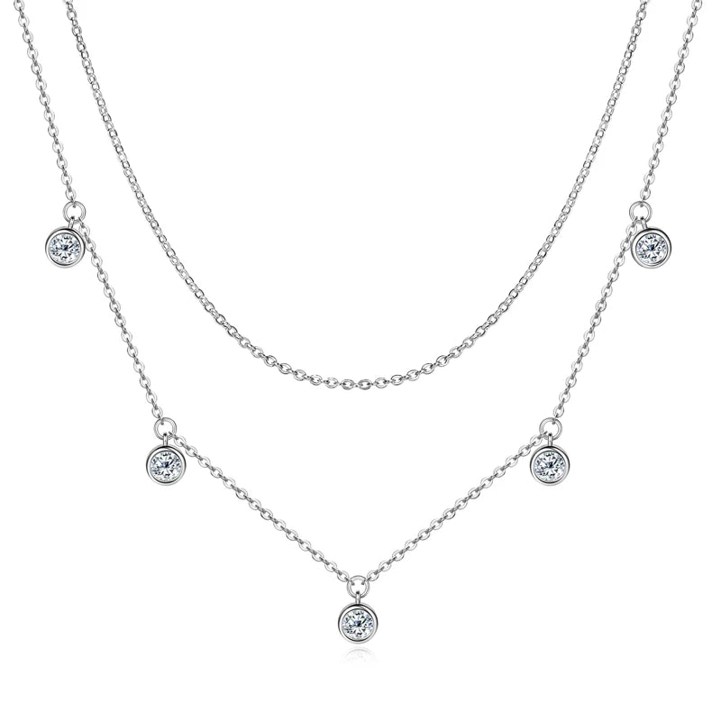 Double Layers 4mm Bezel Moissanite Pendant Necklace Silver 925 Chain for Women Certified Wedding Anniversary Jewelry Gift