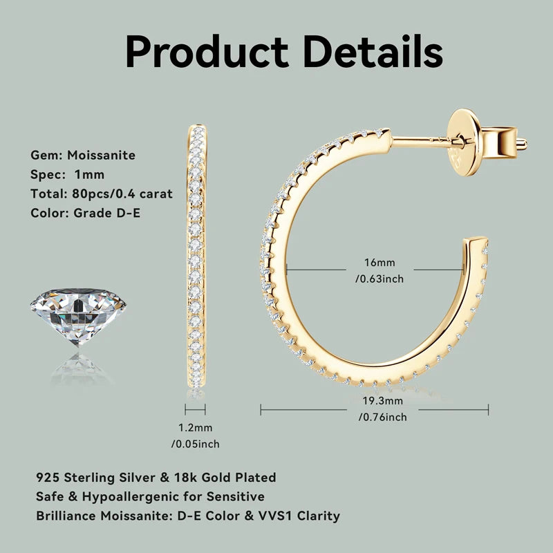 Open C Hoop Stud Earrings Moissanite Silver 925 for Women Simple Big Half Circle Drop Piercing Ear Jewelry Party Gifts