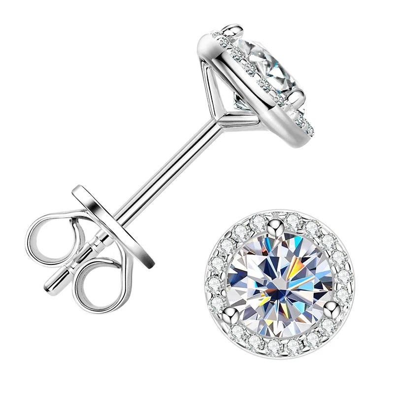 Classic 2CT 1CT 0.5CT D Moissanite Round Stud Earrings for Women Men 925 Silver 3 Claw Sparking Lab Diamond Certified Fine Jewel
