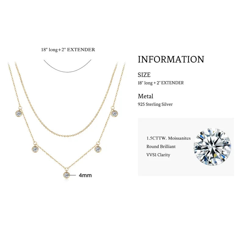 Double Layers 4mm Bezel Moissanite Pendant Necklace Silver 925 Chain for Women Certified Wedding Anniversary Jewelry Gift