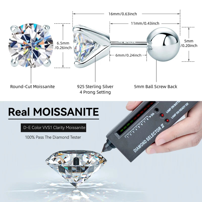 2.0ctw D Color Moissanite Earrings Studs Original 925 Silver Earrings Ball Screw Back Jewelry for Women Men 6.5mm 1 Carat