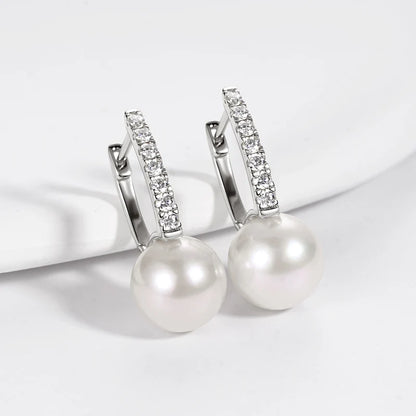 Real 925 Sterling Silver Hoops for Women 10mm Natural Freshwater Pearl Drop Earrings with 1.8mm Moissanite Diamond Jewelry Gifts
