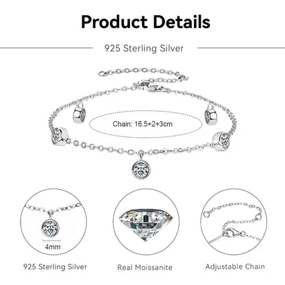 Bezel 4mm Round D Moissanite Bracelet 100% 925 Silver  for Women Adjustable Chain 2025 Trendy Daily Wear Hand Jewelry Gift