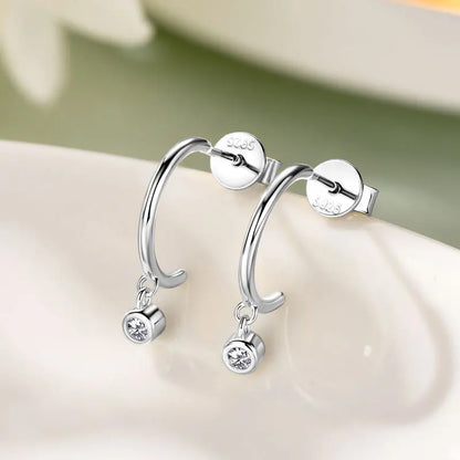 Bezel 2mm Moissanite Drop Studs Earrings 925 Silver C-shaped Earrings Cuff for Women Girl Simple Daily Ear Jewelry Gifts