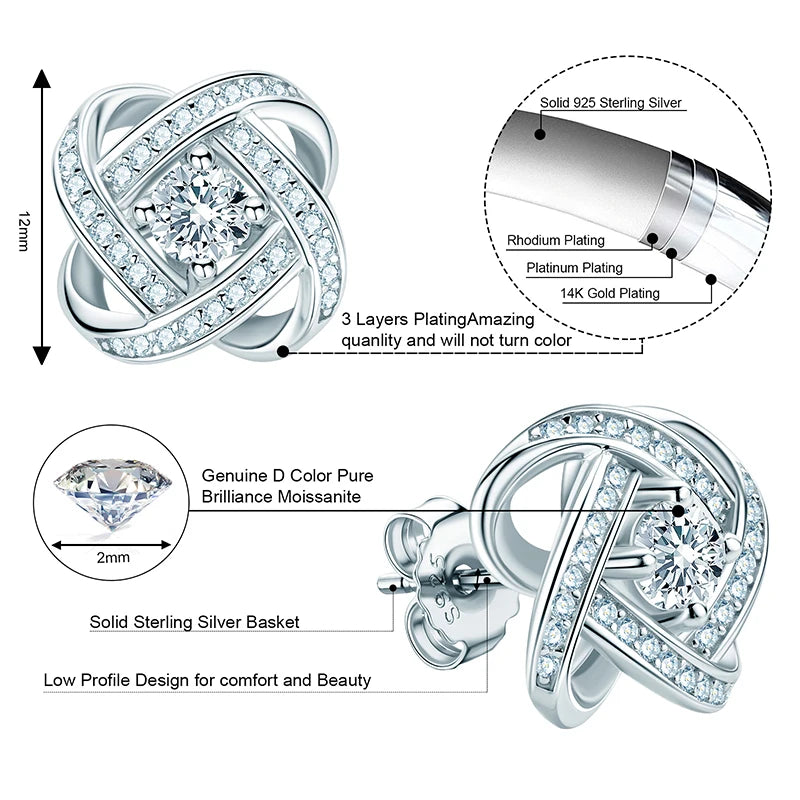 Original Certified Wedding Stud Earrings 4mm Moissanite Twist Flower Earrings for Women 925 Sterling Silver Jewelry Party