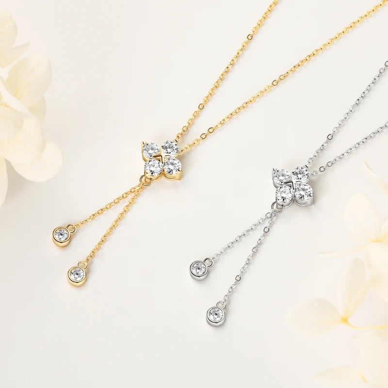 D1.40CT Moissanite Four Leaf Clover Pendant Necklace 100% 925 Silver Long Tassel Hanging Necklaces for Woman Charm Jewelry Gift