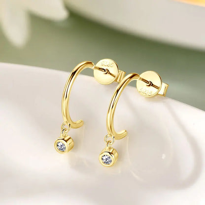 Bezel 2mm Moissanite Drop Studs Earrings 925 Silver C-shaped Earrings Cuff for Women Girl Simple Daily Ear Jewelry Gifts