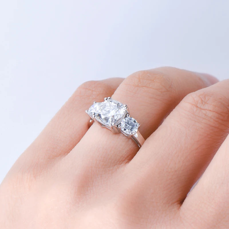 3.5CTTW. Cushion & Round Moissanite Ring 925 Silver 3 Stone Engagement Wedding Promise Rings For Women Finger Jewelry GRA