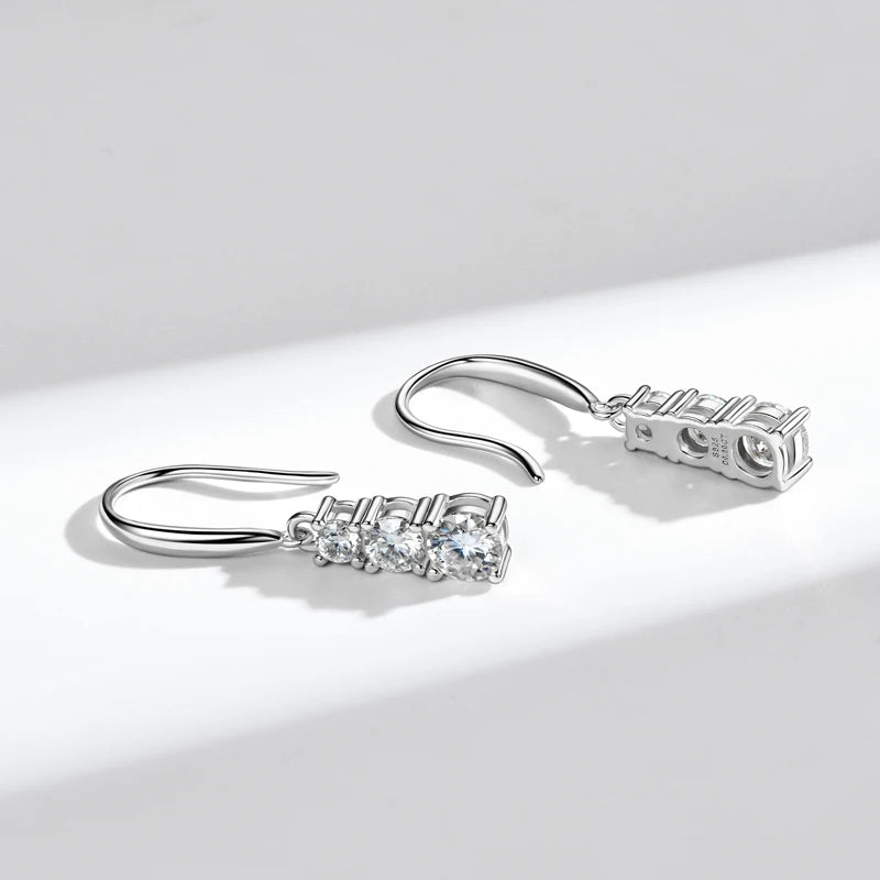 925 Silver Three Stone Hook Earrings GRA Certified 1.8CTW. Moissanite Dangel Drop Earrings Wedding Jewelry Gifts for Women