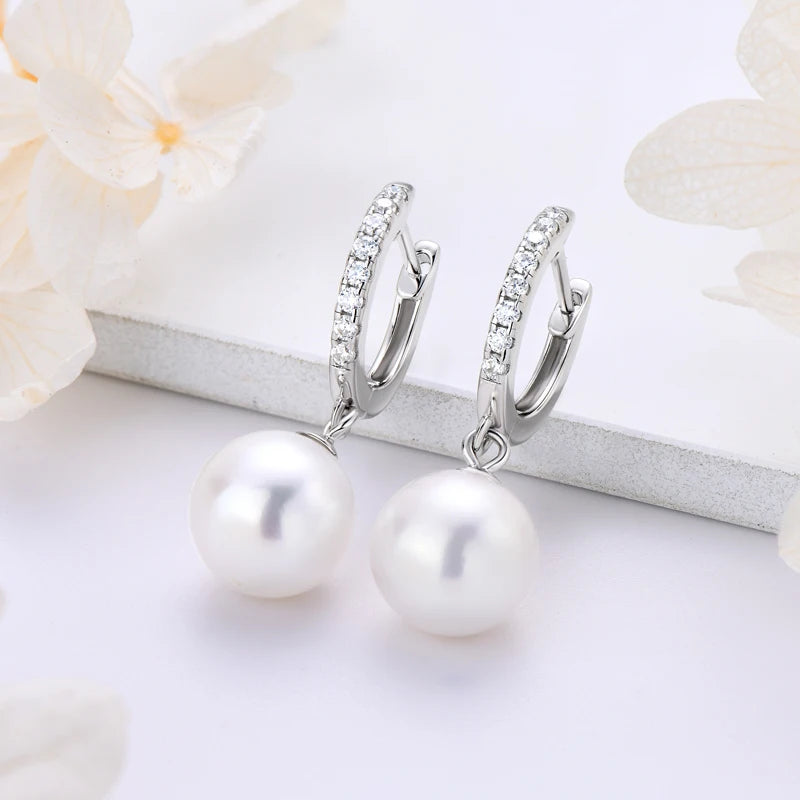 Genuine 925 Sterling Silver Moissanite Hoop Earrings 9-10mm Freshwater Pearl Drop Earring Wedding Jewelry for Women Gifts
