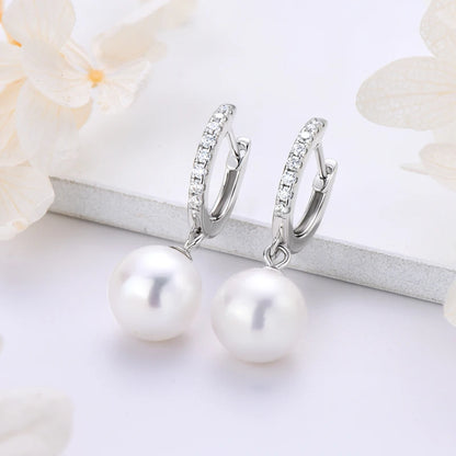 Genuine 925 Sterling Silver Moissanite Hoop Earrings 9-10mm Freshwater Pearl Drop Earring Wedding Jewelry for Women Gifts