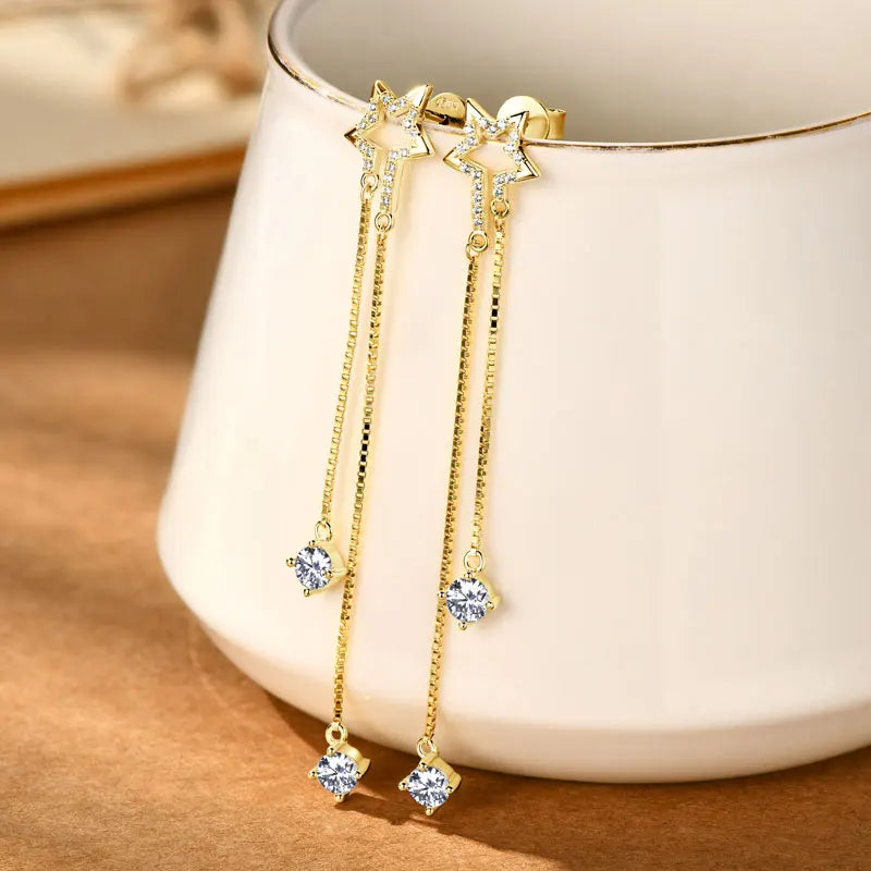 4mm D Moissanite Star Tassel Drop Stud Earrings for Women Long Chain Dangle Earrings 925 Silver GRA Certified Fine Jewelry