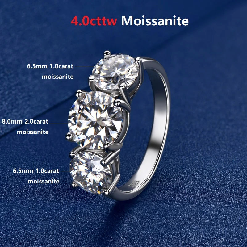 Real Certified 4ctw. Moissanite Ring 2CT 1CT 3 Stone Wedding Engagement Promise Ring Band Silver 925 For Women Original Jewelry