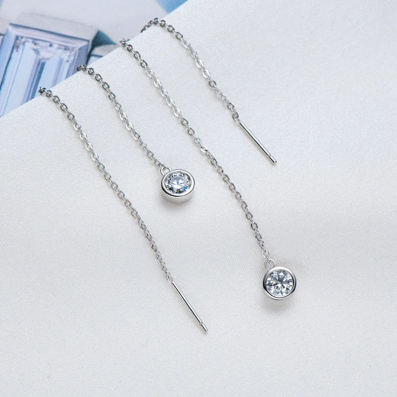 925 Sterling Silver Ear Line Earrings Round Cut Moissanite 5mm (0.5ct) Pendant Dangle Tassel Earrings Threader for Women