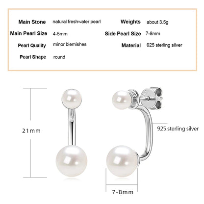 925 Sterling Silver Jacket Earrings Round Natural Freshwater Pearl Studs Front-back Earrings for Women Fine Jewel Gifts