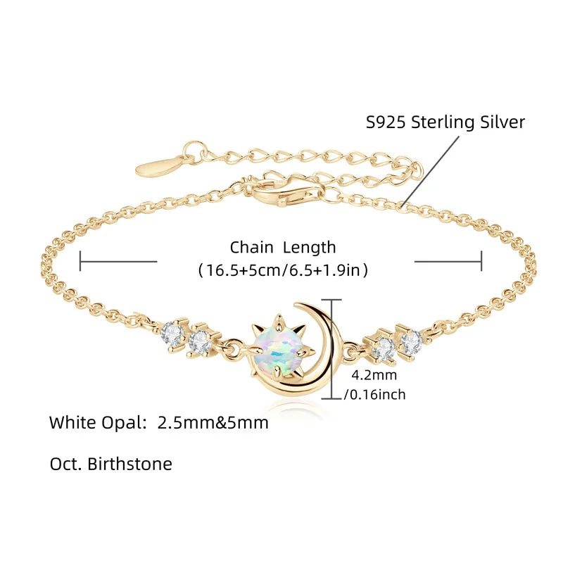 Fashion White Opal Sun and Moon Bracelet Real 925 Silver Chain Bracelets for Women with 5A Zircon New Year Christmas Gifts