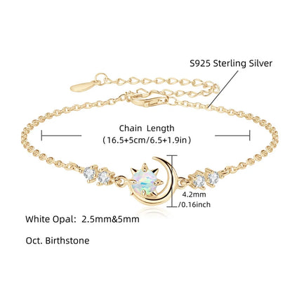 Fashion White Opal Sun and Moon Bracelet Real 925 Silver Chain Bracelets for Women with 5A Zircon New Year Christmas Gifts
