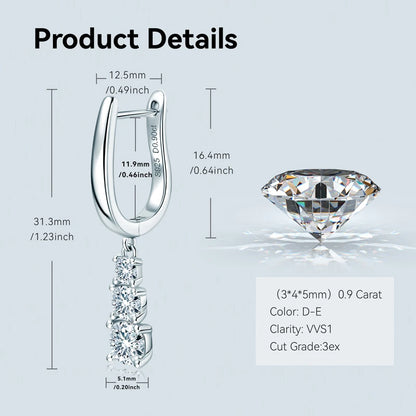 Three Stone Trilogy Clip Earrings 925 Sterling Silver 1.8CTW. Moissanite Pendant Earrings for Women Wedding Jewelry Gifts