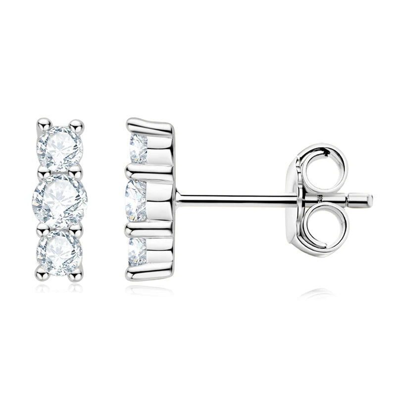 Sparking 3mm 3 Stone Moissanite Stud Earrings Real S925 Silver for Women Plated White Gold Daily Jewelry Valentine's Gift