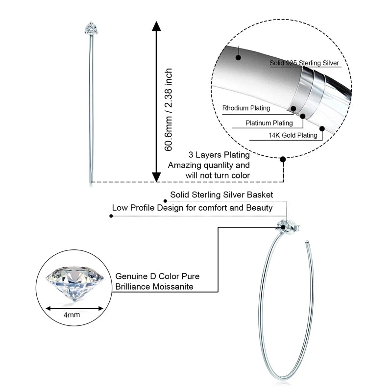 Korean 4.0mm Moissanite Large Big Hoop Earrings Silver 925 for Women Simple Open Circle Piercing Ear Jewelry Party Gift
