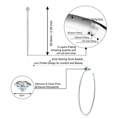 Korean 4.0mm Moissanite Large Big Hoop Earrings Silver 925 for Women Simple Open Circle Piercing Ear Jewelry Party Gift