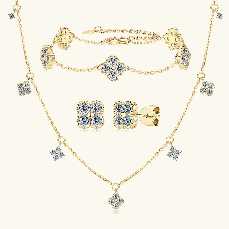 3mm D Moissanite Jewelry Set Clover Flower Pendant Necklace Earrings Bracelet 3 in 1 Sets for Women 925 Silver Charm Gifts