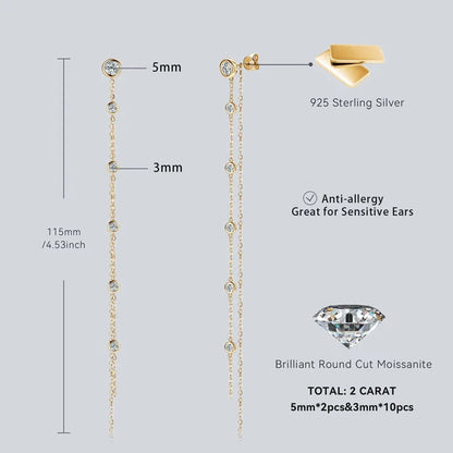 925 Silver 5mm 3mm Moissanite Earrings 10-11.5cm Long Tassel Double Chains Drop Earring for Women Valentine Jewelry Gifts