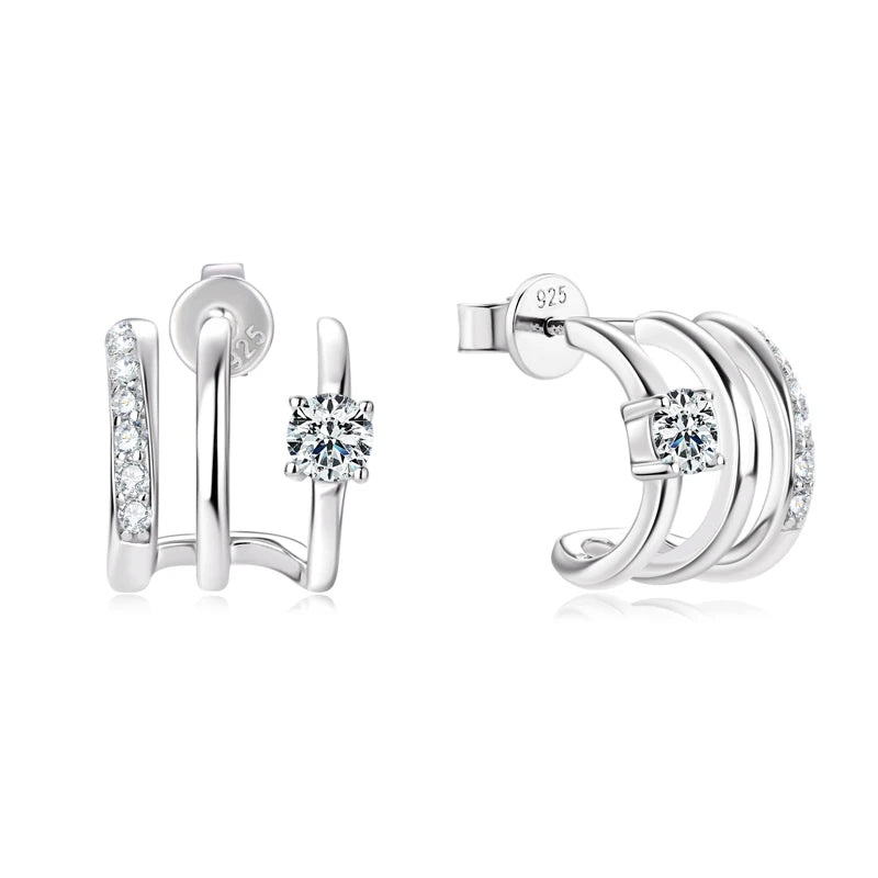Triple Side Hoops Earrings Half Open Cuff Real 925 Silver Piercing Ear Moissanite Stud Earrings for Women Korean Jewelry