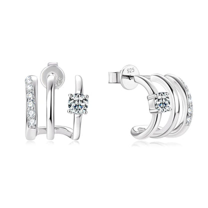 Triple Side Hoops Earrings Half Open Cuff Real 925 Silver Piercing Ear Moissanite Stud Earrings for Women Korean Jewelry