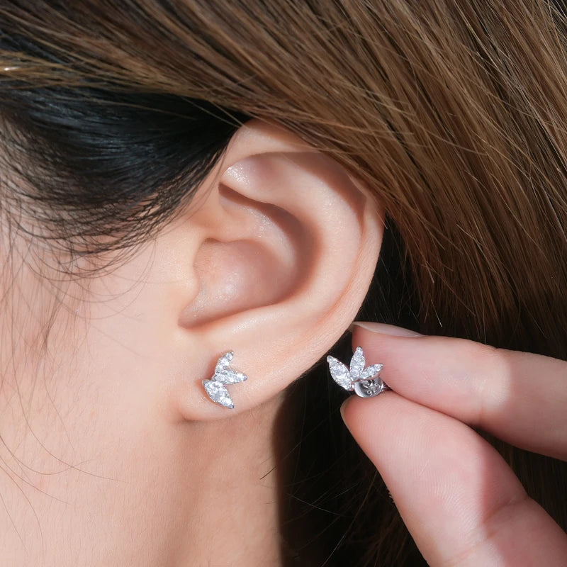 Cute Leaf-shape Moissanite Earrings 925 Sterling Silver Mini Studs Piercing Ear Earrings for Women Jewelry GRA Certificate
