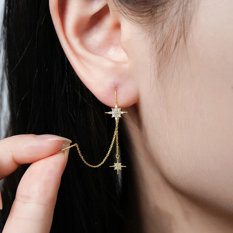Guide Star Pendant Round Moissanite Earrings Ear Line 925 Silver for Women Piercing Threader 2024 Trend Fine Jewelry Gift