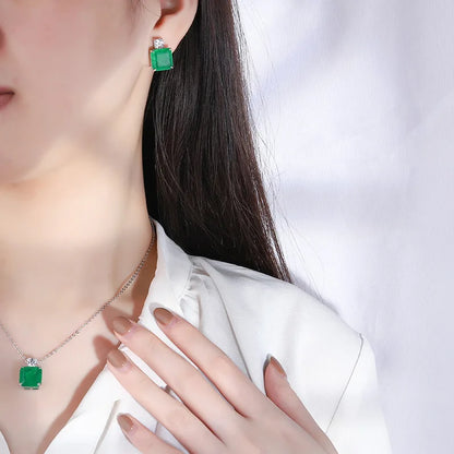 Vintage Simulated Emerald Square Stud Earrings 10*10mm Gemstone Pendant Necklace Silver 925 Plated Copper Women's  Jewelry Gift