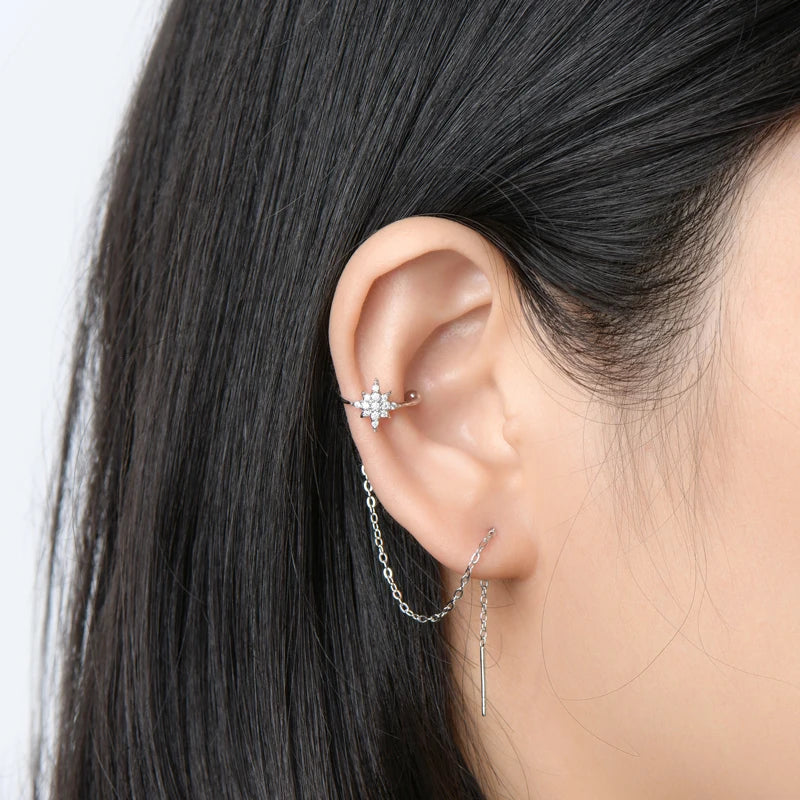 Moissanite Star Ear Line Cuff Crawler Climber Earrings for Women 925 Silver Long Chain Threader Earring GRA Jewelry Gifts