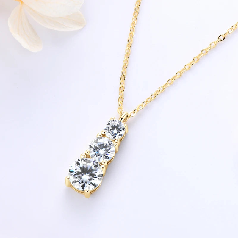 925 Silver Women's Necklace 1.80CTW.3 Stones D Color Round Moissanite Pendant Necklaces with Certificate Jewelry 18K Gold Plated