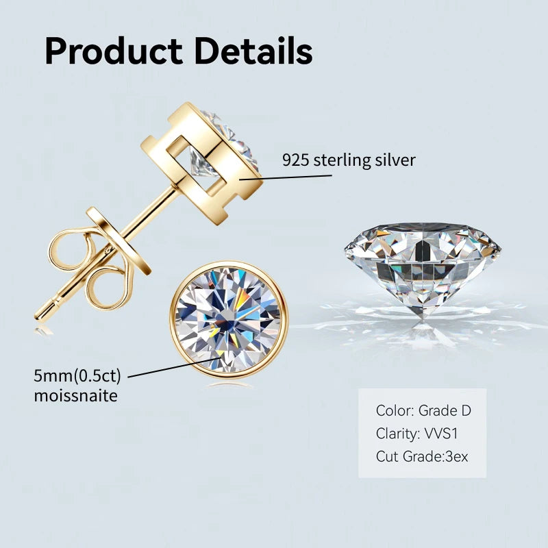 Bezel 5mm 6.5mm 1CT D Color Moissanite Earrings 925 Sterling Silver Plated K Gold Earrings for Men Women Gift Valentine's