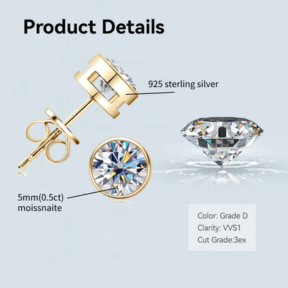 Bezel 5mm 6.5mm 1CT D Color Moissanite Earrings 925 Sterling Silver Plated K Gold Earrings for Men Women Gift Valentine's