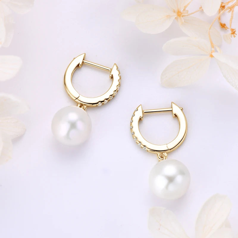 Genuine 925 Sterling Silver Moissanite Hoop Earrings 9-10mm Freshwater Pearl Drop Earring Wedding Jewelry for Women Gifts